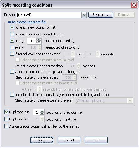 Split recording conditions dialog