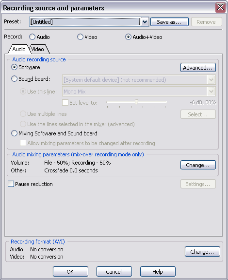 Recording Source and Parameters: settings for screen video recording